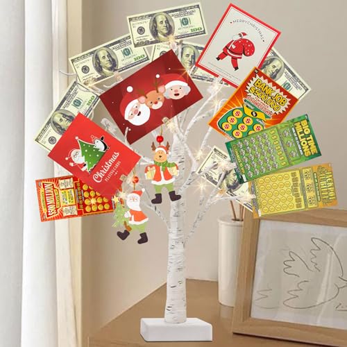 PEIDUO Money Tree, 22 Inch Gift Card Tree Holder with 6 Clips and 6 Greeting Cards, 24 Warm White Birch Tree with Lights, Christmas Tree Card Holder for Birthday Wedding Indoor Xmas Decorations - style: Money tree