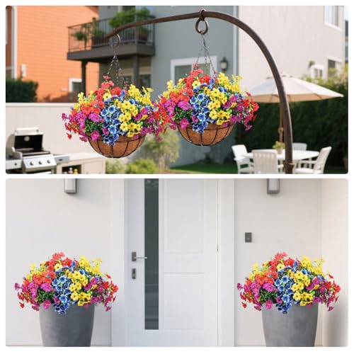 2 Pack Outdoor Artificial Flowers with Hanging Basket, Fake Hanging Flowers for Spring Summer Front Porch Patio Yard Garden Home Decor (Blue, Red, Purple, Yellow)