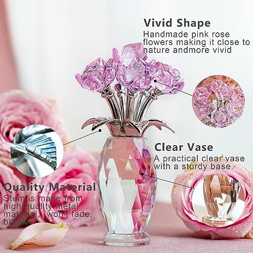 H&D HYALINE & DORA Pink Crystal Rose Flower Figurine,Glass Rose Flowers Gifts for Women,Crystal Rose Flower Collectible for Christmas Wedding Decor - color: Pink 2