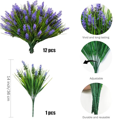 12 Bundles Artificial Plants Outdoor Fake Monkey Grass,UV Resistant Faux Plants Outdoor Artificial lavender Plants,Realistic Fake Plants for Porch Yard Pathway Garden Décor Outside Indoor (Purple) - color: Purple