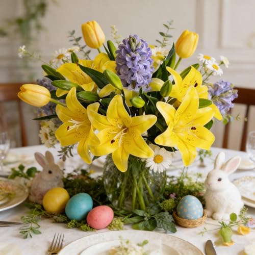 Kimura's Cabin 6Pcs Fake Lilies Artificial Flowers Real Touch Faux Tiger Lily with Stems Fake Lilys Plants for Easter Floral Arrangements Wedding Bouquet Home Table Centerpiece Decor (Yellow) - color: Yellow