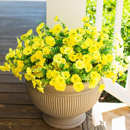 Artificial Flowers for Outdoors Fake Flowers Plants for Spring Summer Decor, 12 Bundles Silk Morning Glory with Eucalyptus Look Real UV Resistant Yellow Faux Flowers for Outside Planters Yard Patio - color: Yellow