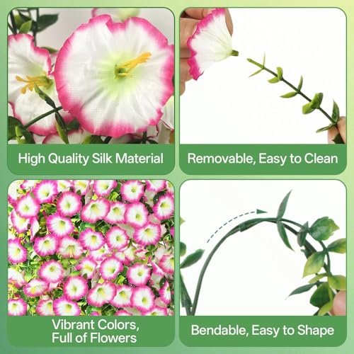 Artificial Hanging Flowers for Outdoors, 4 PCS UV Resistant Morning Glory Flowers with Eucalyptus Leaves, Silk Fake Flower Realistic Faux Plants for Home Patio Porch Garden Decor, White+Pink - color: Pink-white