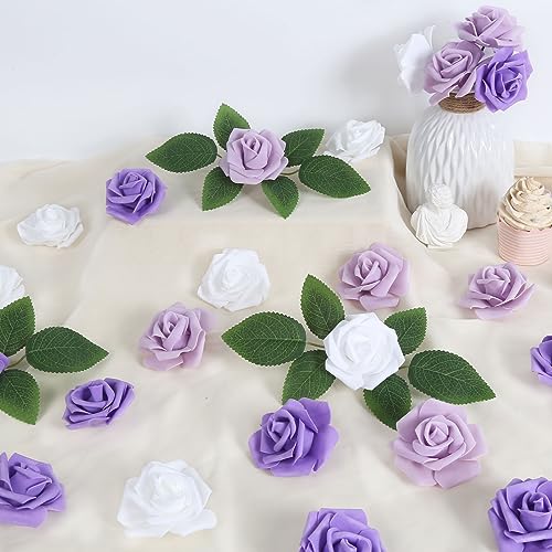 100pcs Purple Artificial Rose Flower Heads, 3inch Violet Foam Roses Bulk Stemless Fake Flower Heads for DIY Crafts,Cake Decoration Wedding,Baby Shower Flower Centerpieces(Shades of Purple) - color: Shades of Purple