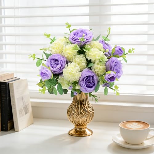 Artificial Flowers Bouquet, Purple Silk Peonies Chrysanthemum Mixed Bouquet with Eucalyptus, Artificial Roses Bouquet for Wedding Centerpieces Bridal Bouquet Mohter's Day Valentine's Day Home Decor - color: Purple