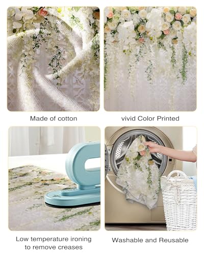 Mocsicka Wedding Flower Backdrop Wall Floral Bridal Shower Backdrops for Photoshoot Wedding Decoration for Reception White Rose Floral Photography Background Banner(7x5ft) - size: 7x5ft