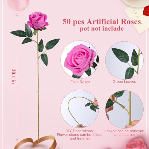 HyeFlora 50 PCS Roses Artificial Flowers, Fake Roses with Stem Realistic Hot Pink Silk Rose for DIY Wedding Bouquets Table Centerpieces Arrangements Baby Shower Birthday Home Decor for Her - color: Rose Red