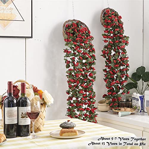 PONKING 8 Pcs x 8.2 ft Flower Garland Artificial Rose Vine Flowers with Green Leaves Hanging Fake Roses Vine for Room Party Home Wedding Birthday Christmas Wall Arch Decor, Spring Red Flower - color: Spring-red-8pcs, size: 8 Vines 66FT