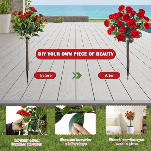 Sunnyglade 35.5" Set of 2 Artificial Camellia Tree, Faux Red Camellia Flowers Plant with Spike Fake Silk Flora Topiary Plants Tree for Indoor, Garden, Yard, Porch, Patio Decoration (Red) - color: Red