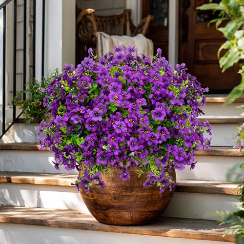 AXYLEX Artificial Flowers for Outdoors, 16 Bundles Fake Plants (Purple) | UV resistant faux plastic flowers, no fade artificial greenery – garden, patio, porch & home - color: Purple