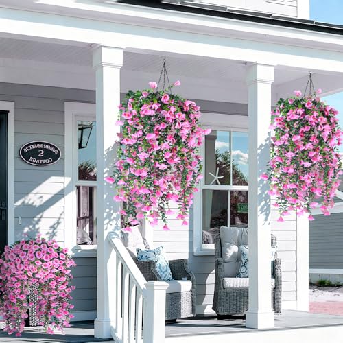 Artificial Flowers Fake Fall for Outdoor, 4 Pcs Faux Hanging Flowers Outdoor Fall Decor, No Fade UV Resistant Fake Mums Silk Flower for Front Door Porch Planters Patio Yard Garden autumn Pink - color: Pink