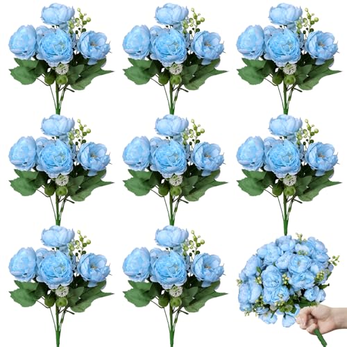 8 Bundles Peonies Artificial Flowers Blue Fake Silk Peonies Bouquet Faux Peonies Flowers Bulk for Home Decoration Vase Florals Arrangements Wedding Party Table Centerpiece - color: Light Blue