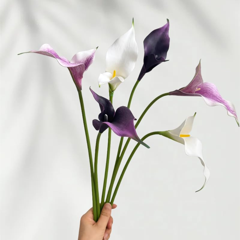6Pieces Calla Lily Artificial Flowers,Real Touch Latex Flowers,22" Long Stem Artificial Flowers for DIY Wedding Bouquet Party Home Table Centerpieces Decor (White Purple) - color: White Purple