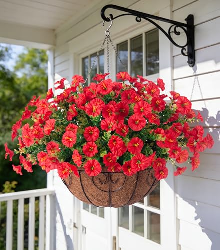 Ivydale Artificial Faux Hanging Flowers Plants Baskets for Outdoors Outside Spring Decoration, Fake Silk Red Morning Glory UV Resistant Look Real for Front Door Porch Patio Balcony Yard Garden Home - color: Red