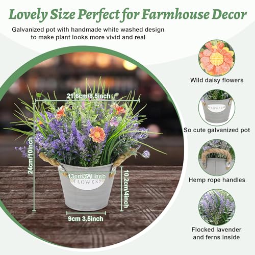 Artificial Lavender Plant 10" Purple Flowers with Orange Daisy in Galvanized Pot - Farmhouse Decor for Home Living Room Bedroom Bathroom Coffee Table - color: Lavender Flower With Orange Daisy