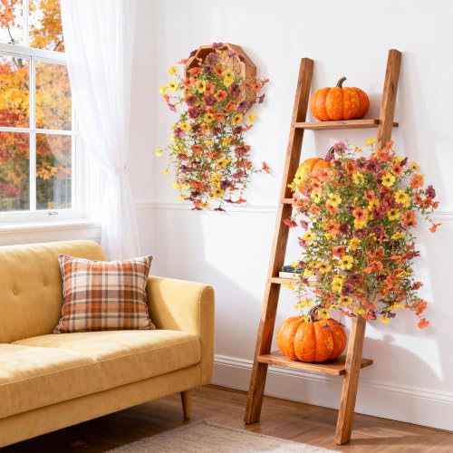 INQCMY Artificial Fake Fall Flowers for Outdoors Faux Mums UV Resistant | 2 Pcs fall silk hanging flowers,fall decorations for home, look real Faux flowers for outside Home planter porch patio decor - color: Orange,brown,yellow