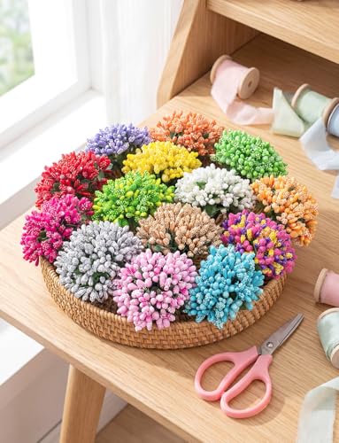 192 Pcs Premium Artificial Flower Stamens for Crafts, 16 Colored Heads Floral Stamens for Flower Making, Tiny Fake Flower Wire Stems for DIY Wedding Bouquets, Scrapbooking, and Plant Embellishment