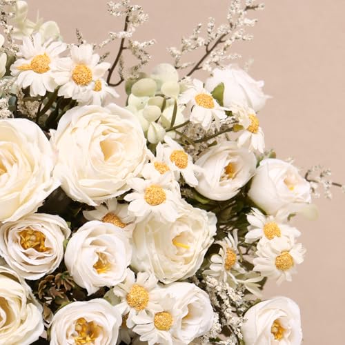 Artificial Roses Flowers 3 Pack Vintage Roses White Flowers Small Silk Rose Bouquet with Daisy Flowers Faux Floral Arrangements for Vase Centerpiece Table Wedding Party Bridal Decor - color: Cream White, size: 3PCS
