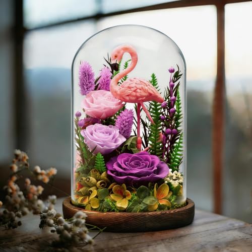 Eternal Flowers with Flamingo-Big Flower Big Love- Graduation Flowers Gifts for Daughter Wife Mom-Forever Flower in Glass Dome-Flowers for Delivery Prime on Anniversary Valentines Birthday (Purple) - color: Purple3