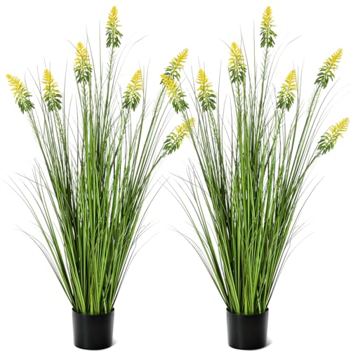 Jexine 2 Pieces Faux Plants Outdoor 4 ft Horsetail Reed Grass with Yellow Cockscomb Flower Tall Artificial Grass Plant Potted Faux Greenery Floor Plant for Housewarming Gift House Garden Lobby Outdoor - color: Yellow Cockscomb Flower