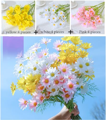 NatureMan Artificial Flowers 12 Bundles Artificial Silk Daisy UV Resistant Outdoor Fake Wildflowers with Stems Daisy Arrangements for Home Hotel Office Garden Decoration (White, Yellow, Pink) - color: White, Yellow, Pink