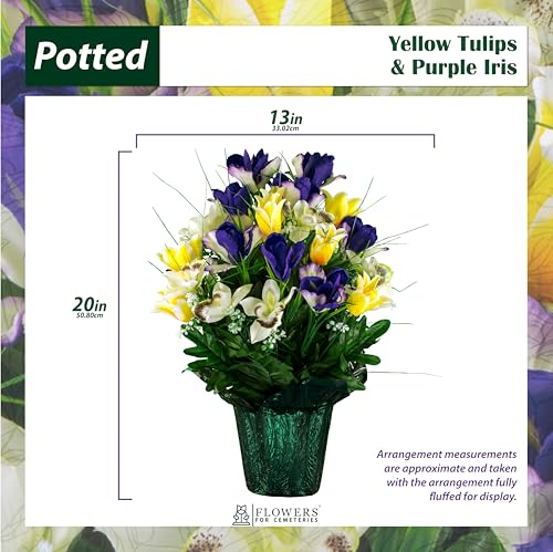 Sympathy Silks Artificial Cemetery Flowers - Grave Decoration - Yellow Tulips and Purple Iris (1) Potted Arrangement - color: Yellow/Purple, size: (1) Pot
