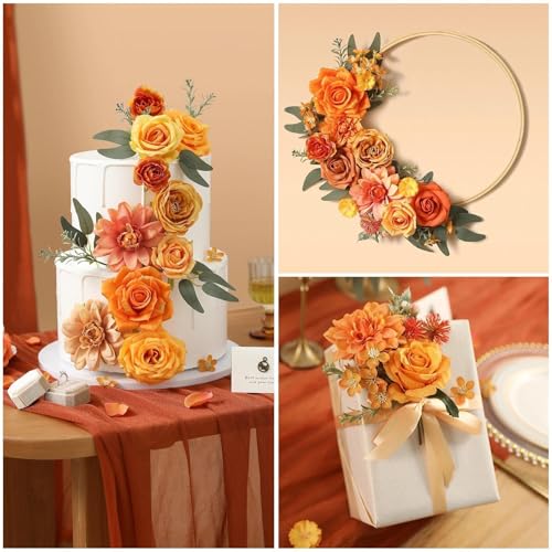 Artificial Flowers Combo Box Orange Fake Roses Silk Flowers with Stems Dahlia for DIY Cake Wedding Bridal Bouquets,Floral Arrangement,Table Centerpieces,Baby Shower,Home Party Decorations - color: Orange2