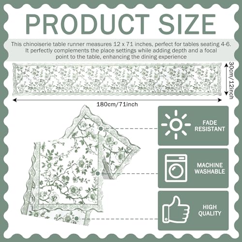 HunnmingRe 71x12 Inch Sage Green Floral Table Runner Vintage Table Runner Chinoiserie French Country Decor Summer Outdoor Tablecloth Decorative Dinner Tablecloth for Home Dining Kitchen Party Decor - color: Green