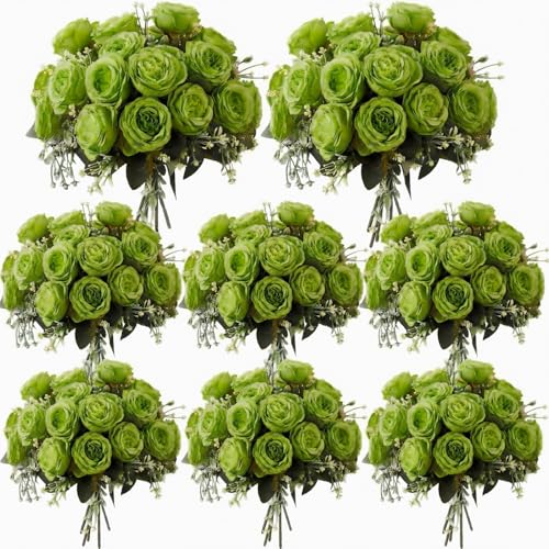 Geosar 8 Bundles Artificial Peonies Flowers Fake Silk Peony Bouquet Faux Peonies Flowers Bulk for Decoration Vase Floral Arrangements Wedding Party Table (Olive Green) - color: Olive Green