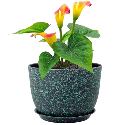 Meowell 12 inch Large Plant Pots, Plastic Planters with Drainage Holes and Saucers, Flower Pots for Indoor Outdoor Plants, Decorative Pots for Garden House Plants, Black with Green Speckles - color: Black With Green Speckles, size: 12inch C