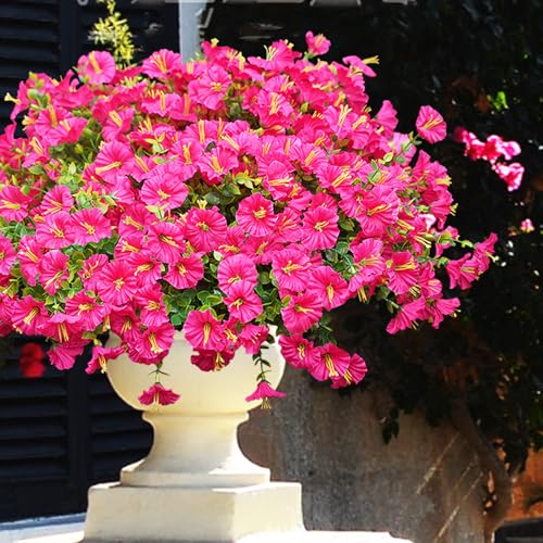Artificial Flowers for Outdoors, UV Resistant Fake Silk Morning Glory, Realistic Faux Plants for Outside Porch Patio Window Box Hanging Planter (16, Hot Pink) - color: Hot Pink