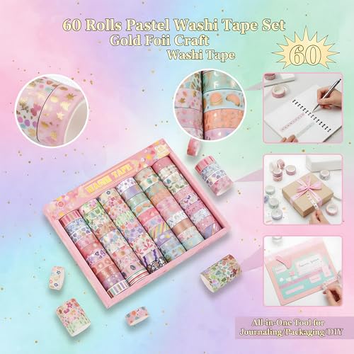 60 Rolls Washi Tape Set, 15 mm Gold Foil Cute Pattern Floral Decorative for Journaling Supplies