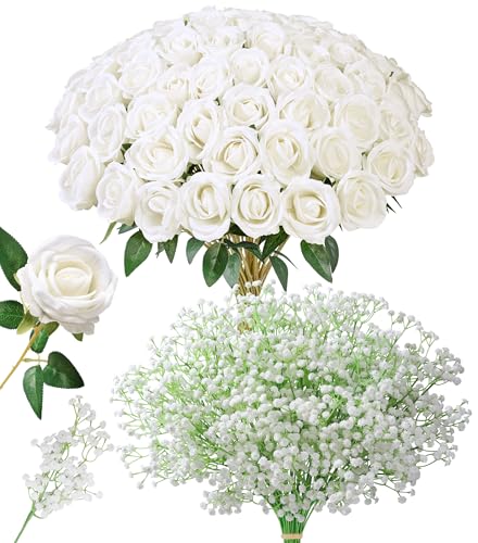 HyeFlora 35 PCS Artificial White Roses with 15 PCS Fake Baby Breath Realistic Fake Flowers Bouquet with Stem for DIY Wedding Party Home Decoration Vase Tables Centerpieces Arrangements Gift for Her - color: 35 Pcs White Roses With 15 Pcs Baby Breath