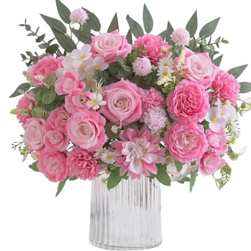 10 Pcs Mixed Artificial Flowers Set, Artificial Peony Bouquet Fake Rose Flower Silk Floral Arrangements for Table Centerpiece Home Wedding Party Bridal Vase Decoration(Pink, 6 Bouquets & 4 Stems) - color: Light Pink, size: Mixed 10pcs
