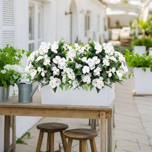 Ouddy Decor 6 Bundles Artificial Impatiens Flowers for Outdoors Decoration, Silk Flowers Bouquet Fake Plants UV Resistant for Spring Summer Garden Porch Window Box Balcony Home Decor, White - color: White