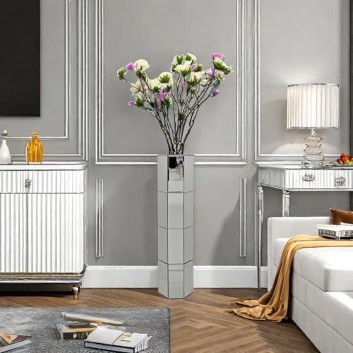 28" Tall Floor Vase, Mirror Silver Large Flower Vases for Home Decor, Mirrored Glass Decorative Modern Vase for Living Room,Office,Centerpiece (Silver Octagon:7.1''L X 7.1''W X 28''H) - size: Silver Octagon:7.1"L X 7.1"W X 28"H