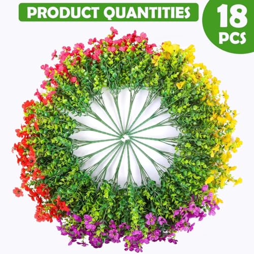 Rowfad 18 Pcs Artificial Daisy Flowers for Outdoors UV Resistant Fake Plastic Colorful Spring Flowers Faux Silk Plants for Outside Porch Easter Patio Home Decor (18, Red, Purple, Yellow, Rose Red) - color: Red, Purple, Yellow, Rose Red