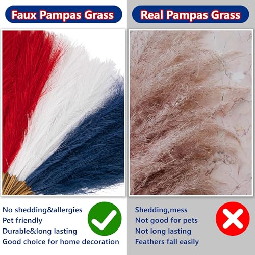 Watayo 45 Pcs Patriotic Faux Pampas Grass Decor, 17" Fluffy 4th of July Artificial Pompous Grass Vase Filler, Red White and Blue Fake Pampas Stems Branches for Independence Day Memorial Day Decoration