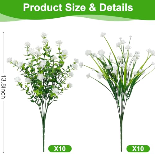 20 Bundles Artificial Flowers for Outdoors Fake Plastic Flowers UV Resistant Realistic Faux Plants Shrubs for Spring Summer Garden Porch Yard Patio Planter Window Box Home Decor, White - color: White