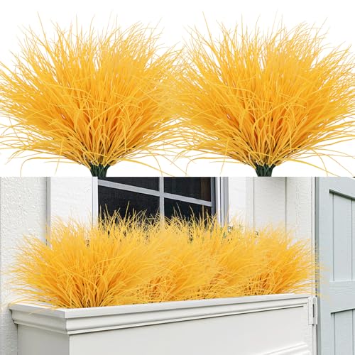 RECUTMS 12Pcs Artificial Grasses Outdoor Plants Tall Grass Spring Fake Grass Plant Plastic Artificial Shrubs for Planters Wedding Indoor Outside Garden Porch Home Office Window Box Decor(Pure Yellow) - color: Pure Yellow Grass