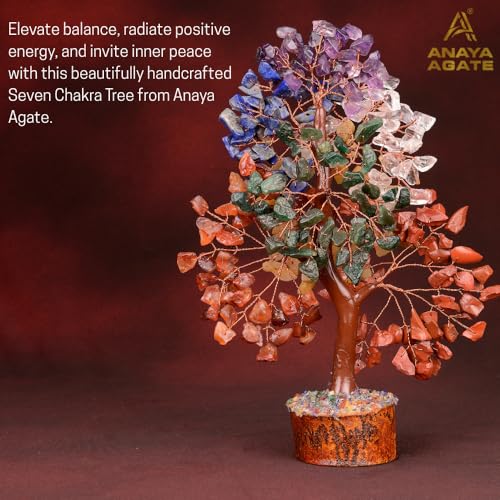 ANAYA AGATE 7 Chakra Crystal Tree of Life w/Healing Necklace & Chakra Bracelet - Gemstone Money Bonsai Trees for Women,Crystal & Healing Stone, Tree for Home, Office, LivingRoom Decor - color: Seven Chakra Copper Wire