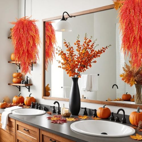 RECUTMS Artificial Hanging Plants 4Pcs Fake Boston Fern Real Touch Faux Greenery Leaves UV Resistant Plastic Ivy Vines for Patio Wall Home Garden Wedding Indoor Outdoor Decor (A-Gold) - color: Fall