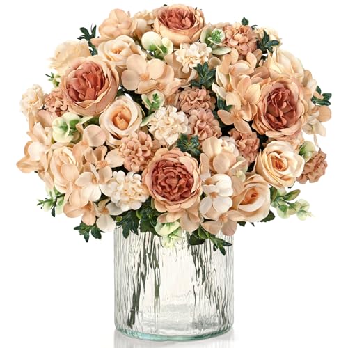 4 Packs Peonies Artificial Flowers Silk Champagne Artificial Peonies Bouquet Fake Flower Arrangements Mixed Roses Hydrangea with Stems for Centerpiece Table Wedding Bridal Bouquets Home Decor - color: Champagne