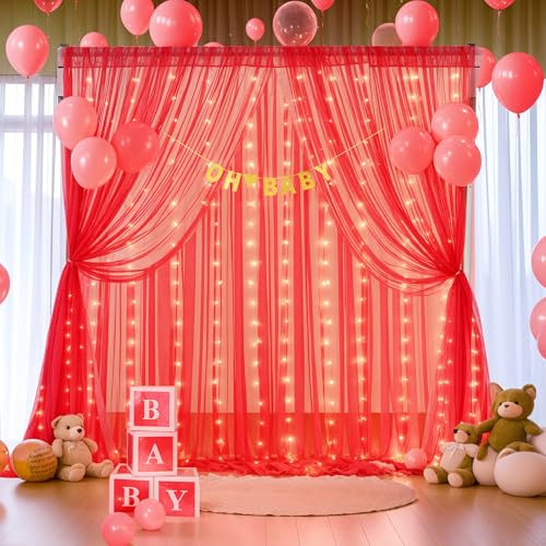 Red Tulle Backdrop Curtain with Lights String for Parites 10x8ft Red Sheer Backdrop Curtains Drapes for Birthday Party Bridal Shower Baby Shower Christmas Wall Photo Booth Background Decorations - color: Red, size: 10 ft X 8 ft(2 Panels 5ft X 8ft)