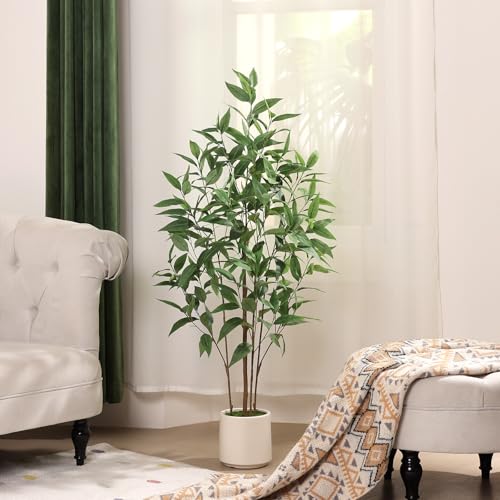 Ferrgoal Artificial Eucalyptus Tree，4FT UV Resistant Fake Outdoor Plants,Artificial Plants Indoor with White Planter,Silk Leaves,Faux Tree for Home Decor Floor Porch Liveing Room - size: 4ft