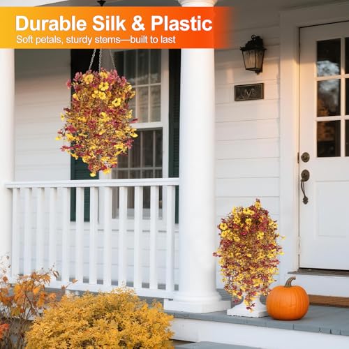 Fall Decor Artificial Flowers for Outdoor Decoration, 4Pcs Fake Hanging Flowers Mums Silk UV & Fading Resistant, Artificial Faux Plants for Home Patio Yard Garden Farmhouse Halloween - color: Yellow and Brown