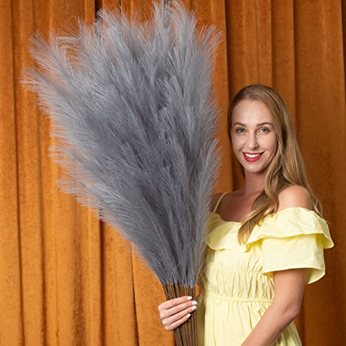 Faux Pampas Grass 6 Stems, Artificial Pampas Grass - 43''/3.6FT Total Extra Large Pompass Grass Tall Pompous Boho Flower Arrangement and Floor Vase Filler Home Decor for Room Wedding Party (Grey) - color: Grey
