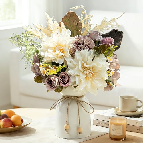 Fake Flowers with Vase Silk Dahlia Artificial Flowers in Vase Faux Hydrangea Flower Arrangements for Home Office Decoration Dining Table Centerpiece (Purple) - color: Purple