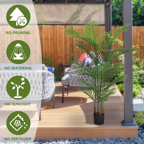 6ft Artificial Palm Tree in Weighted Pot - UV Resistant Tall Fake Plants for Outside Patio, Large Fake Plant Indoor Outdoor, Triple Trunk Faux Palm (Set of 2) (6 FT x 2)