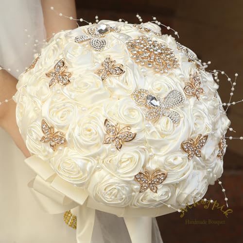 Handmade Wedding Flowers Bouquet Round Holding Bridal Bouquet Artificial Satin Roses Bunch for Bride Bridesmaid Wedding Quinceanera (Ivory, 8.7") - color: Ivory, size: Medium (Dia. 8.7"/22cm)